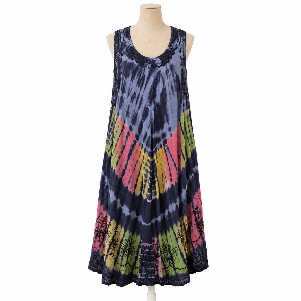 Vintage Y2K Tie Dye Boho Midi Dress Sz M Multicolor Indie Festival Flowy Grunge